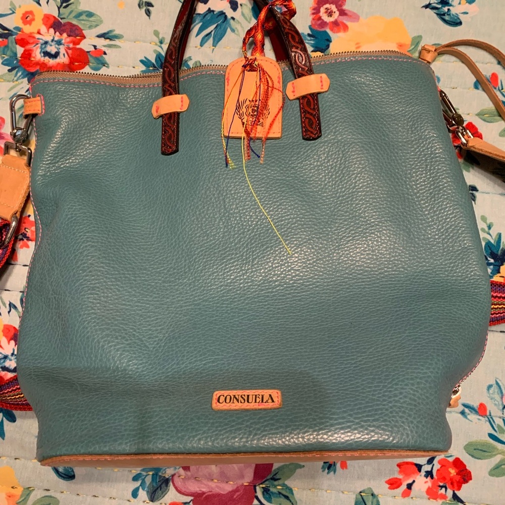 Consuela Blue Tote Bag with Leather Accents